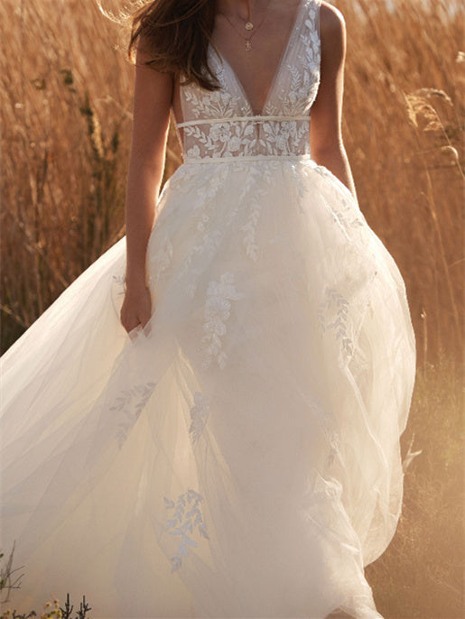 A-Line/Princess V-Neck Floor-Length Wedding Dress Sexy