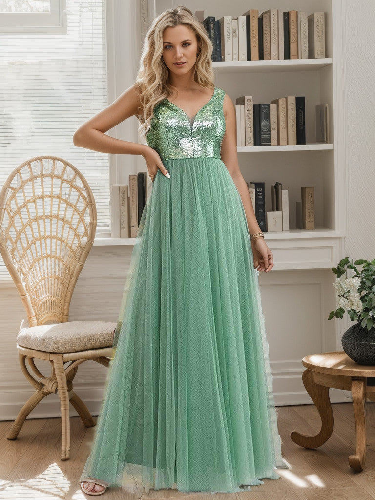Shiny Sequin Bodice Off the Shoulder Maxi Tulle Evening Dress Sparkly