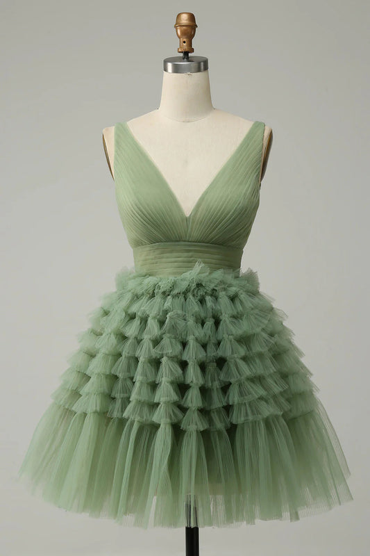 Tulle V-Neck Short Prom Dress With Open Back Pure Color Sexy
