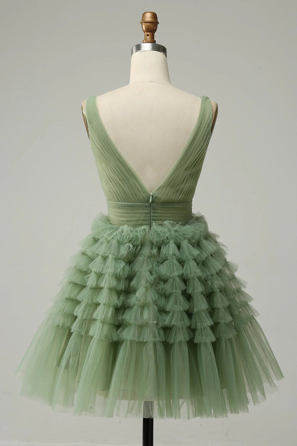 Tulle V-Neck Short Prom Dress With Open Back Pure Color Sexy