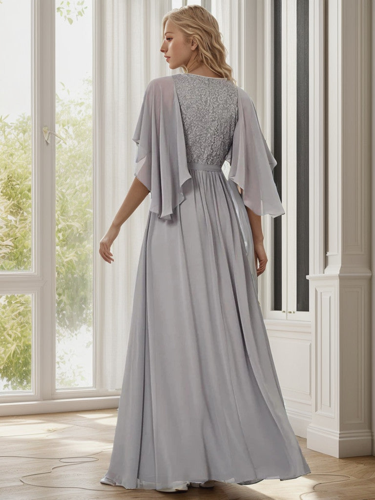 Deep V Neck Lace Bodice Long Flowy Evening Dress Sexy