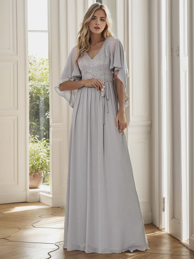 Deep V Neck Lace Bodice Long Flowy Evening Dress Sexy