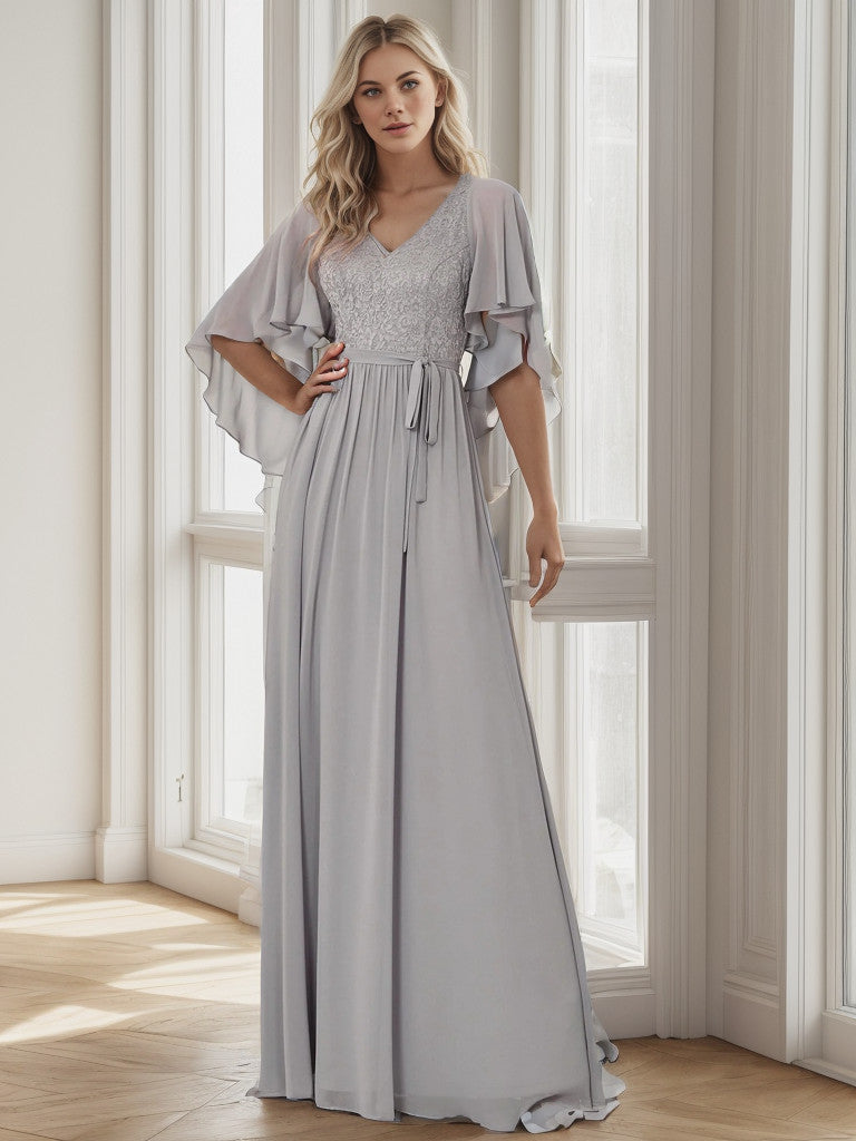 Deep V Neck Lace Bodice Long Flowy Evening Dress Sexy