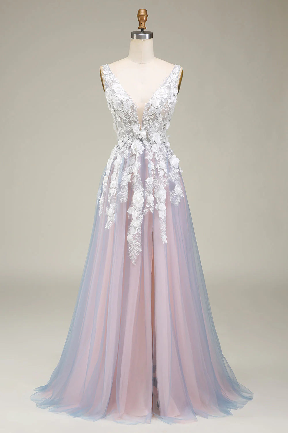 A Line Deep V Neck Long Prom Dress with Appliques Open Back With Flowers