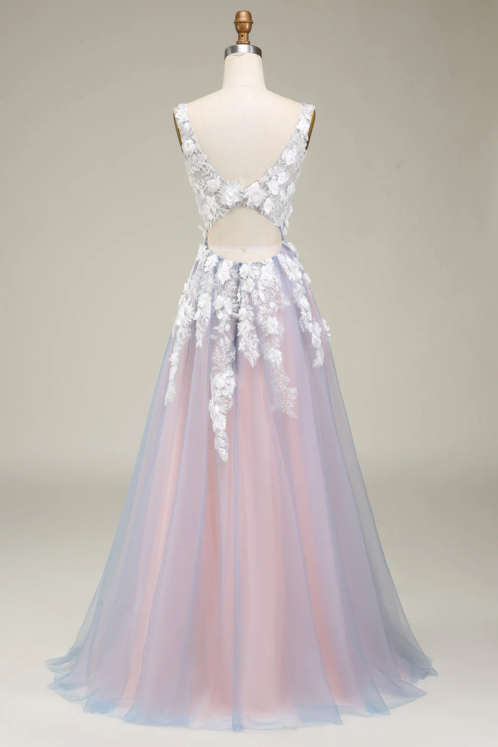 A Line Deep V Neck Long Prom Dress with Appliques Open Back With Flowers