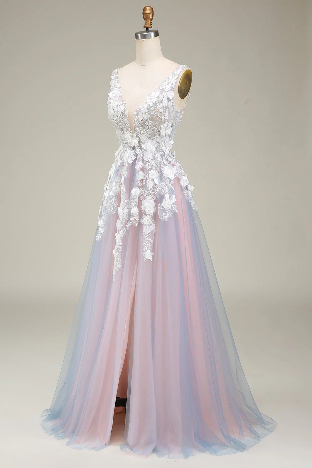 A Line Deep V Neck Long Prom Dress with Appliques Open Back With Flowers