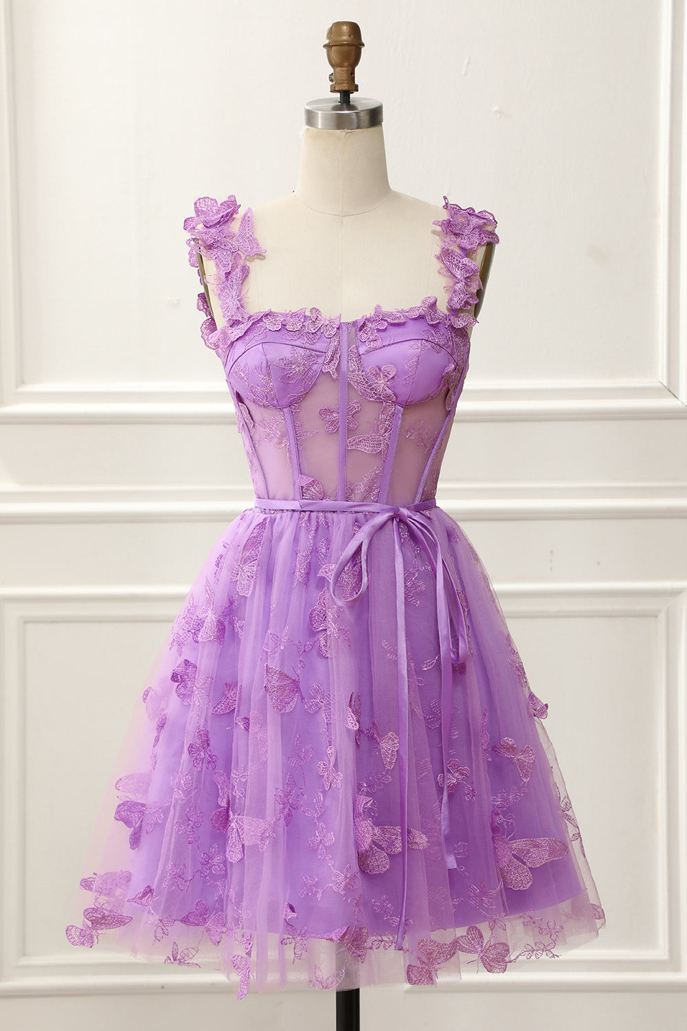 Purple A-Line Corset Homecoming Dress With Butterflies Short