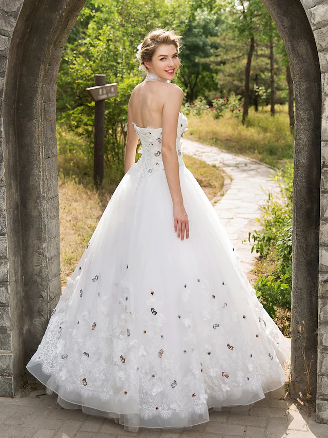 Ball Gown Wedding Dresses Sweetheart Neckline Floor Length Lace Tulle Sleeveless with Lace Appliques