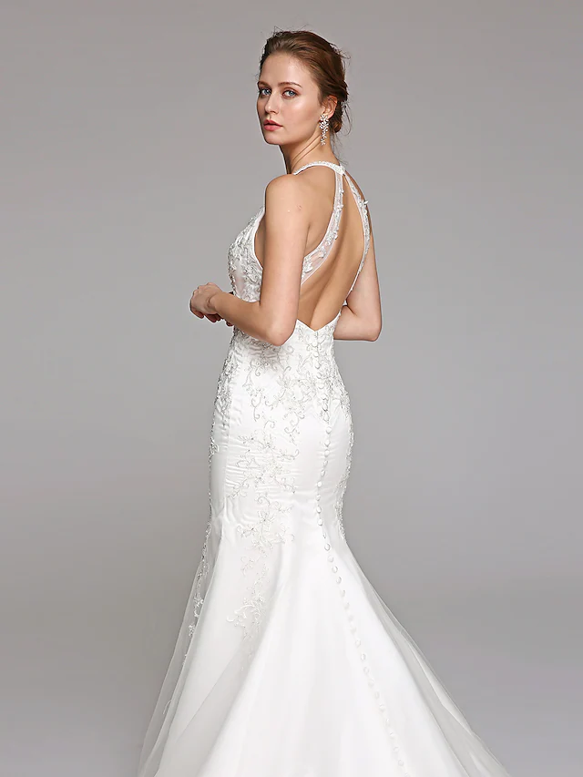 Wedding Dresses Halter NeckLace Over Tulle Regular Straps Sexy Illusion Detail
