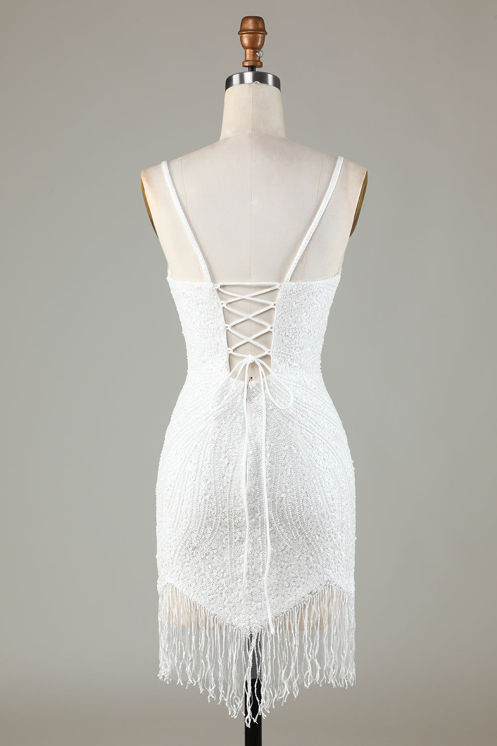 Fringes White Tight Glitter Homecoming Dress With Lace-Up Back Short