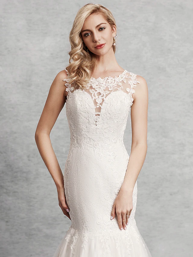 Wedding Dresses Scoop Neck Court Train Lace Satin Tulle Regular Straps Beautiful Back with Lace