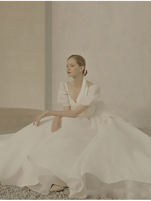 A-Line Wedding Dresses Scoop Neck Ankle Length Organza Short Sleeve Country Simple Little White Dress