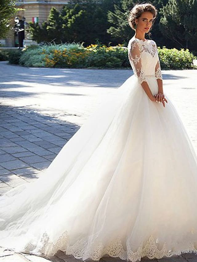 A-Line Wedding Dresses Off Shoulder Court Train Lace Tulle Length Sleeve Formal Sexy Illusion Sleeve