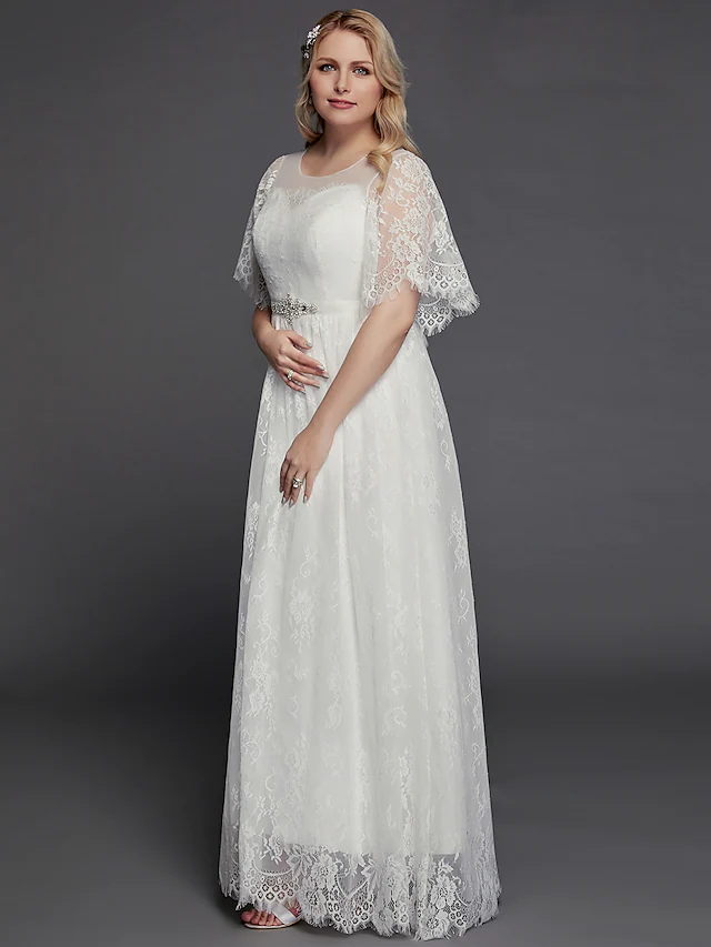 A-Line Wedding Dresses Illusion Neck Jewel Neck Floor Length Lace Tulle Half Sleeve Formal Boho Little White Dress See-Through with Beading Lace