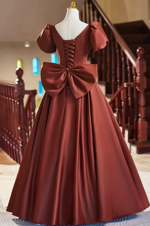 A-Line Elegant Short Sleeve Satin Floor Length Evening Dress V-neck Prom Dress With Bow
