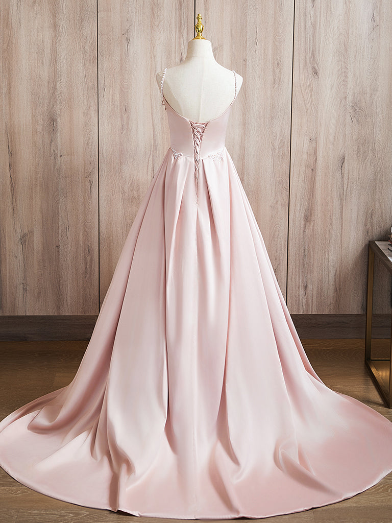 A-Line Satin Pink Long Prom Dress Long Formal Dress Floor Length Evening Dress