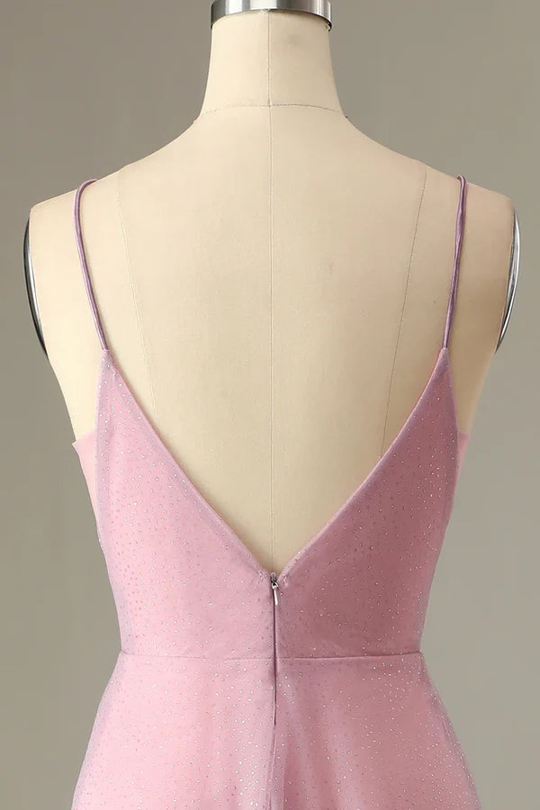 A Line Spaghetti Straps Grey Pink Bridesmaid Dress V-Neck Wedding Guest Dress Sparkly