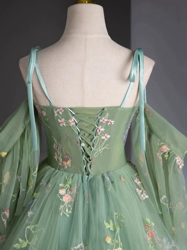 A-Line Sweetheart Neck Tulle Lace Green Long Prom Dress Floor Length With Flowers december wedding guest dress