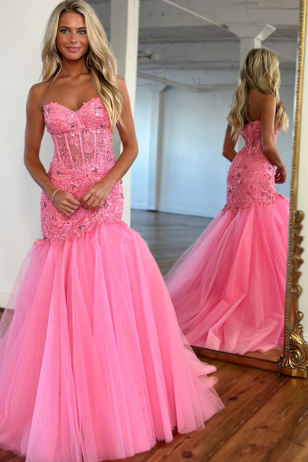 Glitter Pink Sweetheart Tulle Mermaid Long Corset Prom Dress Off Shoulder Beautiful