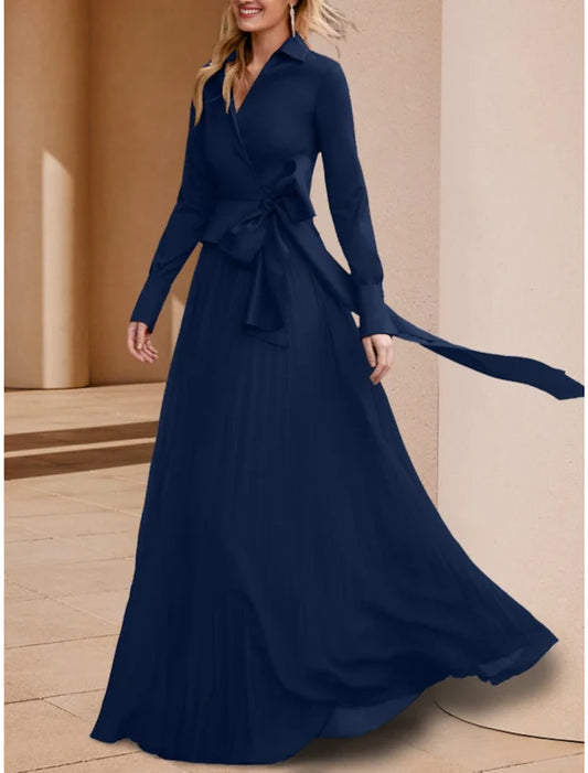 A-Line Mother of the Bride Dress Wedding Guest Elegant V Neck Floor Length Stretch Chiffon Long Sleeve with Bow(s) Ruching