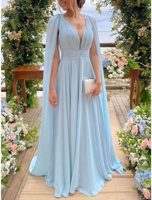 Sheath / Column Mother of the Bride Dress Wedding Guest Elegant Party V Neck Court Train Chiffon Sleeveless with Pleats Solid Color
