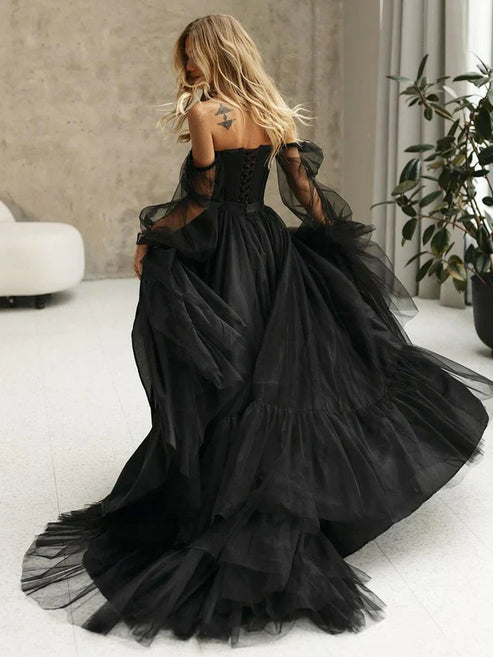 Black Corset A-Line Long Sleeves Wedding Dresses With Off-The-Shoulder Sexy