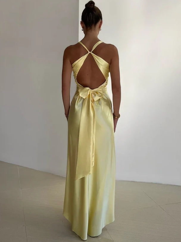 Xiaopinwu Elegant V Neck Halter Vintage Prom Dress Sexy Party Dress Yellow Evening Formal Dress