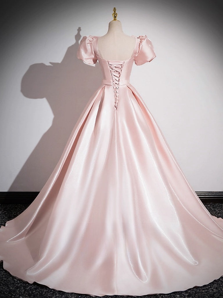 A-Line Satin Pink Long Prom Dress Formal Dress Short Sleeves Evening Dress With Bow(s)