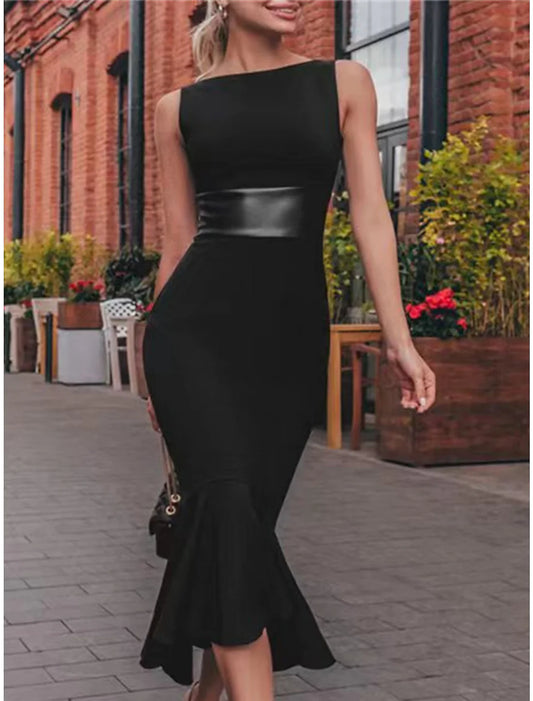 Black Dress Party Dress Cocktail Dress Ruched Crew Neck Sleeveless Midi Dress Birthday Vacation Black