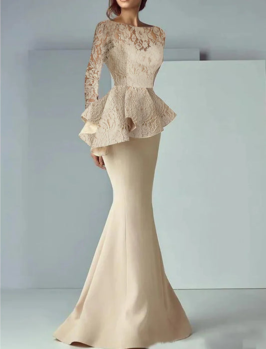 Mermaid / Trumpet Mother of the Bride Dress Formal Wedding Guest Elegant Scoop Neck Floor Length Lace Stretch Fabric Long Sleeve with Ruffles Solid Color