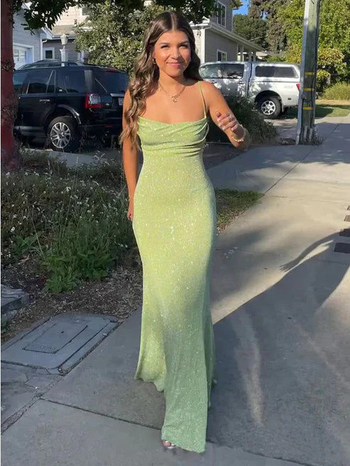 Charming Spaghetti Straps Long Mermiad Prom Dress Evening Dress Shiny Party Dress