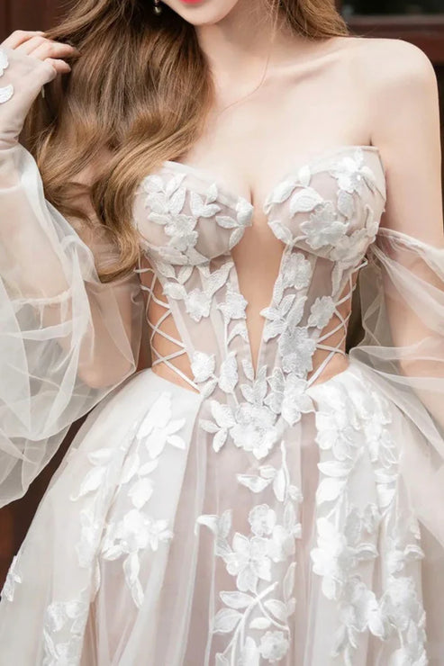 Champagne Lace Long A-Line Ball Gown Off Shoulder Wedding Dress Beautiful