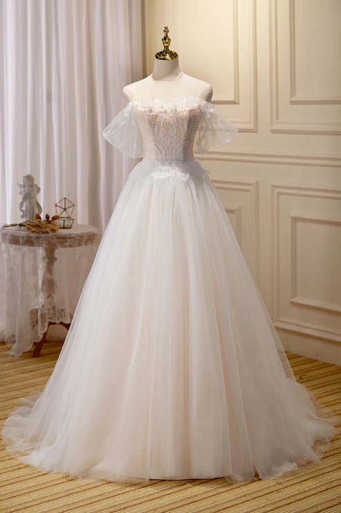 Champagne Floor Length Lace Long Prom Dress Off the Shoulder Evening Dress Wedding Dress