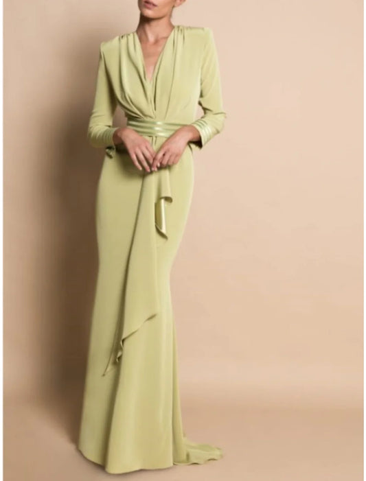 Sheath / Column Mother of the Bride Dress Formal Wedding Guest Elegant Party V Neck Sweep / Brush Train Stretch Chiffon Long Sleeve with Draping