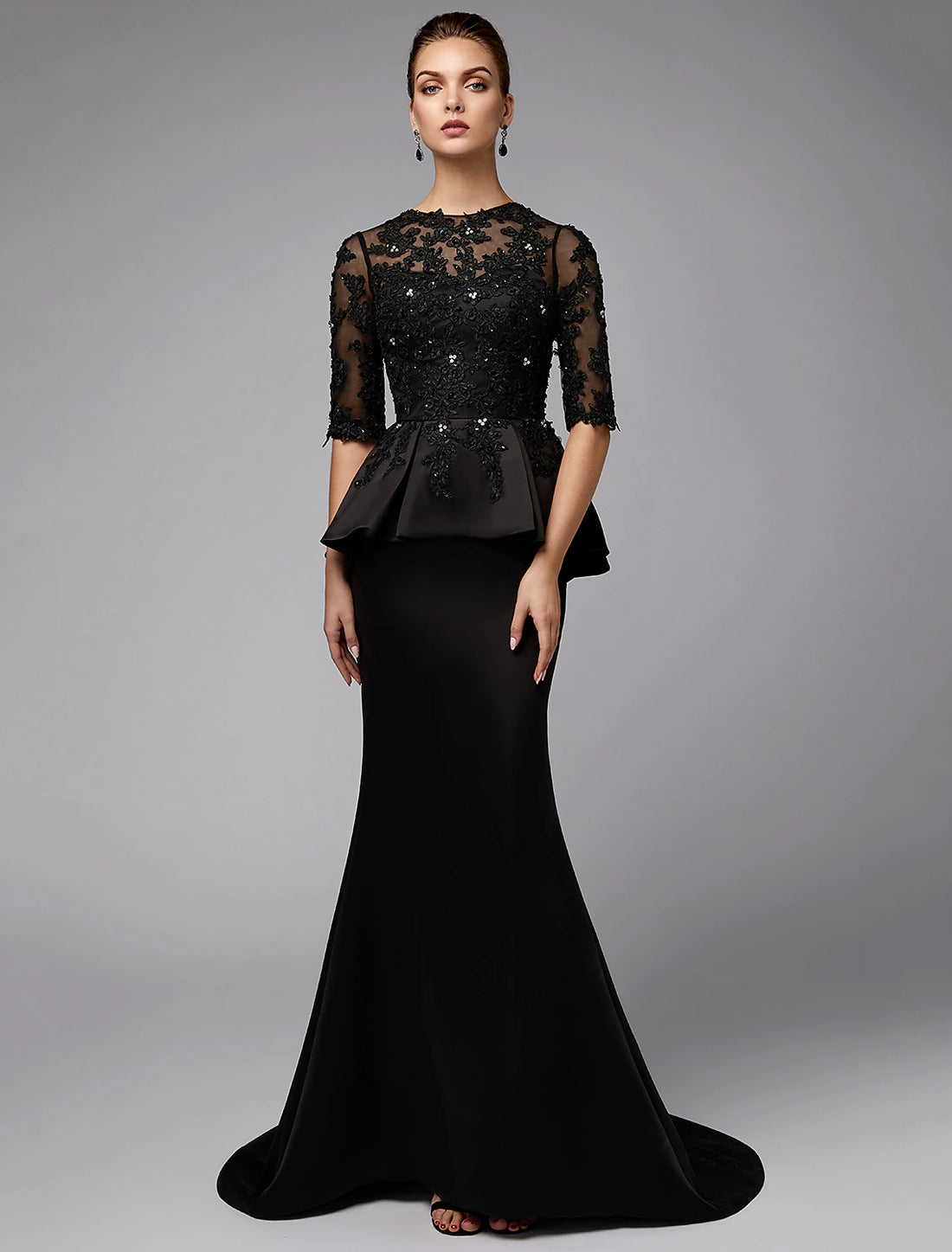 Mermaid / Trumpet Mother of the Bride Dress Sexy See Through Jewel Neck Sweep / Brush Train Satin Lace Half Sleeve with Beading Appliques Elegant