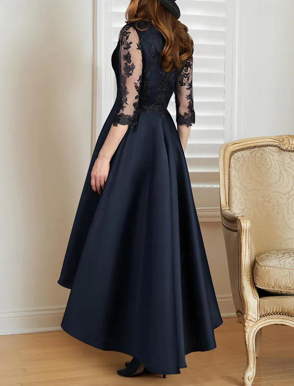 A-Line Mother of the Bride Dress Formal Wedding Guest Elegant Scoop Neck V Neck Asymmetrical Lace Italy Satin 3/4 Length Sleeve with Lace Pleats