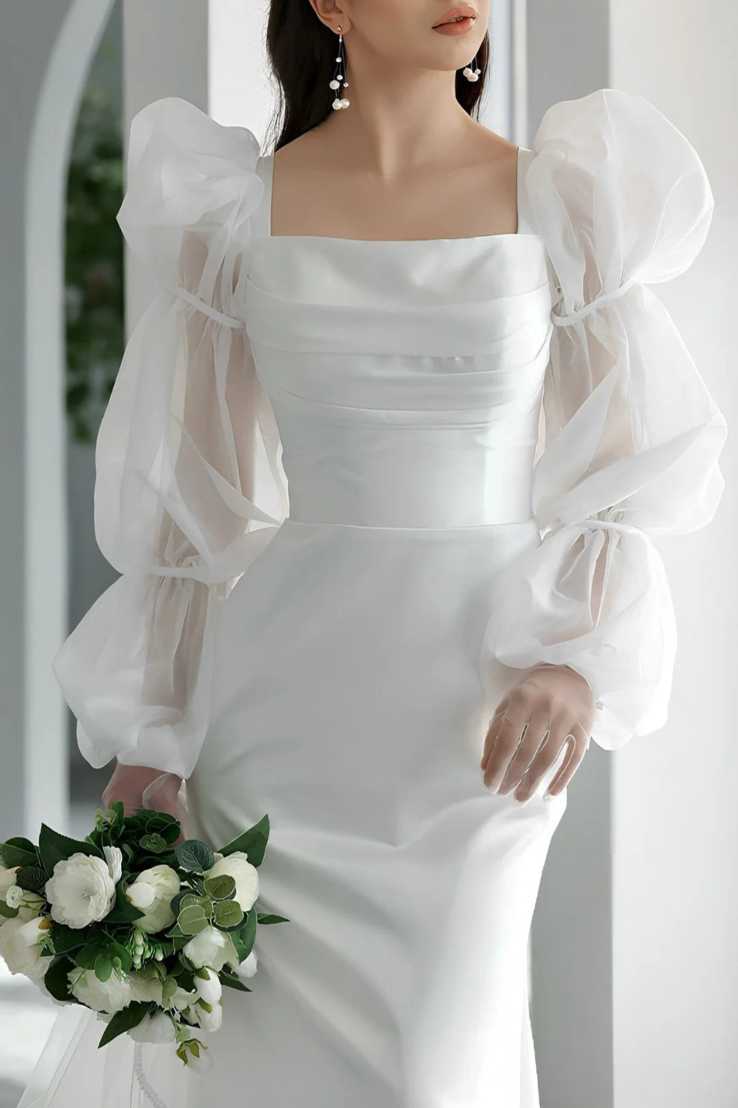 Ivory Square Neck Wedding Dress Long Sleeves Sheath/Column Bridal Dress Formal Dress