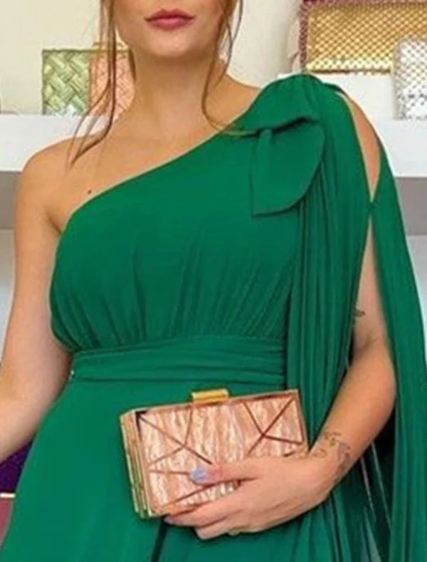 A-Line Evening Gown Party Dress Elegant Dress Formal Wedding Guest Sweep / Brush Train Sleeveless One Shoulder Capes Chiffon