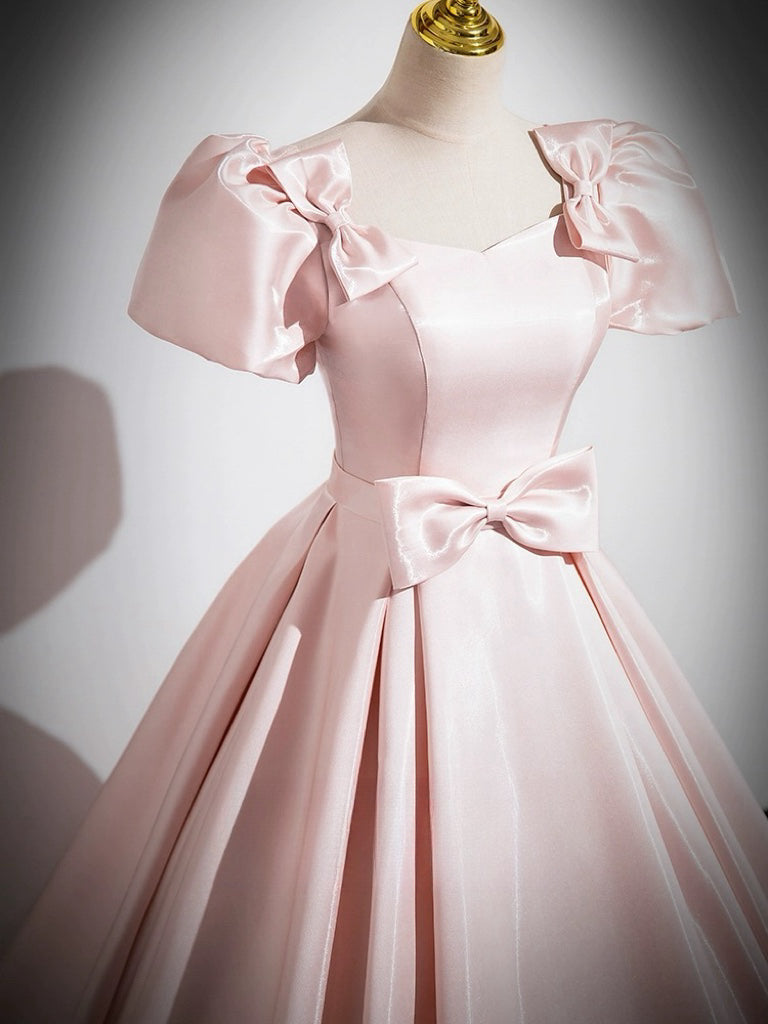 A-Line Satin Pink Long Prom Dress Formal Dress Short Sleeves Evening Dress With Bow(s)