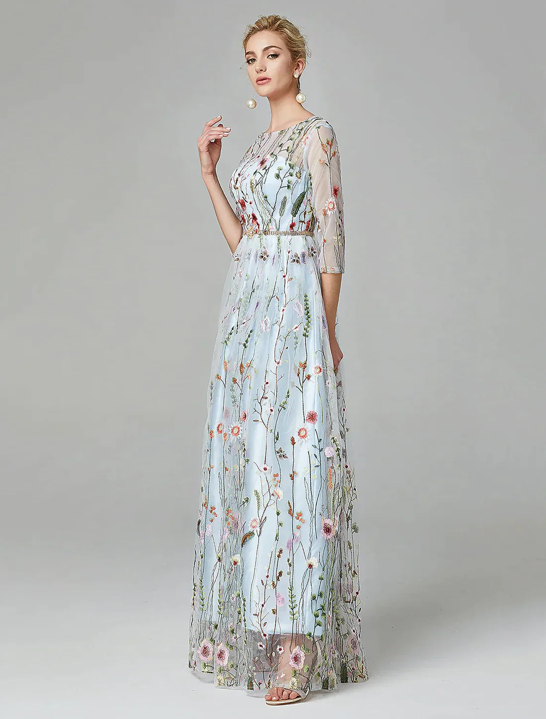 A-Line Evening Gown Elegant Dress Floor Length Sleeve Lace with Embroidery Beautiful Evening Dress