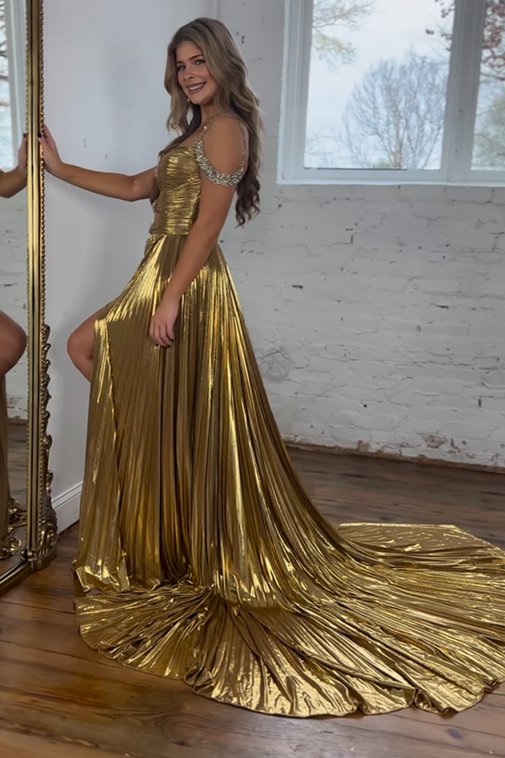 Sparkly Golden Cut Out Beaded A Line Pleated Long Prom Dress With Slit Sexy Evening Dress