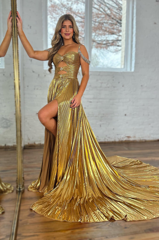 Sparkly Golden Cut Out Beaded A Line Pleated Long Prom Dress With Slit Sexy Evening Dress