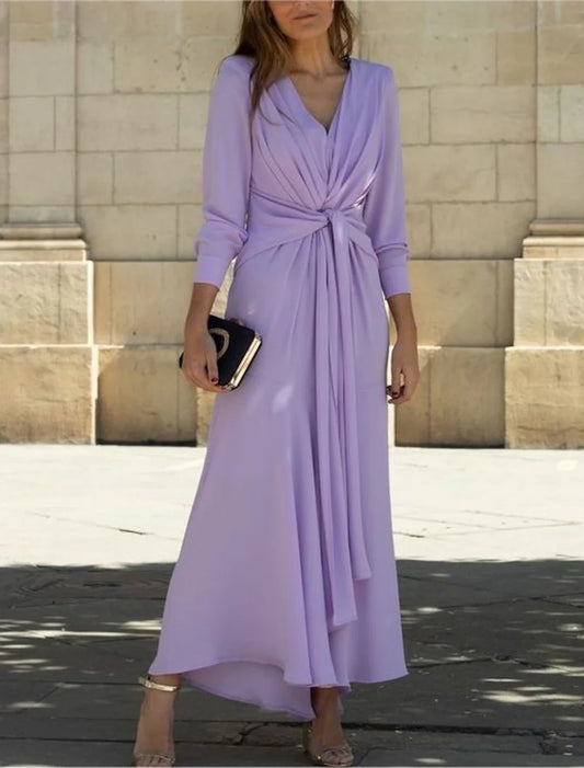 A-Line Mother of the Bride Dress Formal Wedding Guest Elegant V Neck Ankle Length Chiffon 3/4 Length Sleeve with Ruching