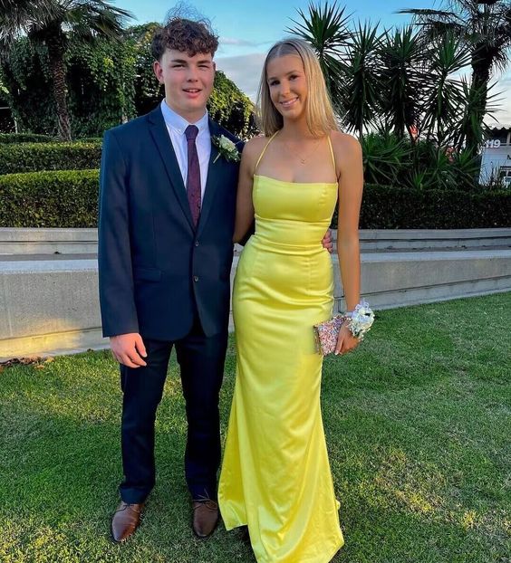 Xiaopinwu Yellow Mermaid Back Open Satin Long Prom Dress Simple Formal Party Dress
