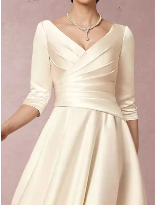 A-Line Mother of the Bride Dress Elegant Simple V Neck Tea Length Satin Half Sleeve with Pleats