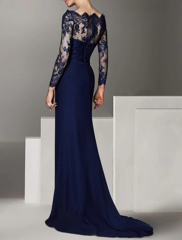 Mermaid / Trumpet Mother of the Bride Dress Formal Wedding Guest Elegant Off Shoulder Floor Length Lace Stretch Chiffon Long Sleeve with Lace