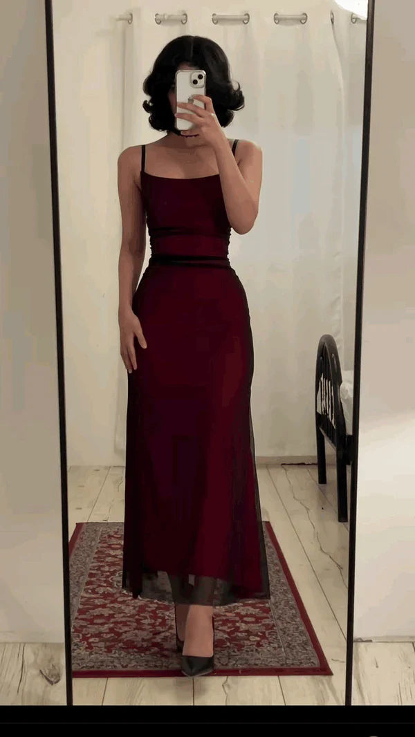 Xiaopinwu Burgundy Spaghetti Straps Sheath Tulle Long Party Dress Evening Dress Formal Dress