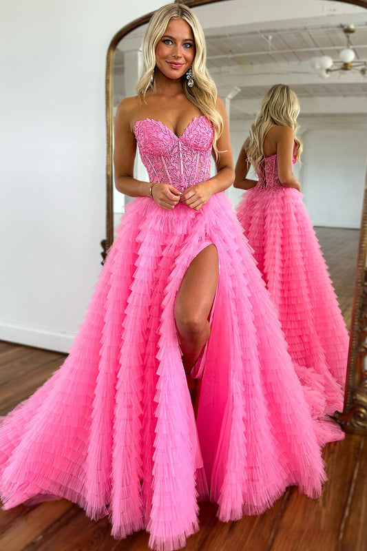 A Line Sweetheart Tiered Long Corset Prom Dress With Lace Off Shoulder With Slit