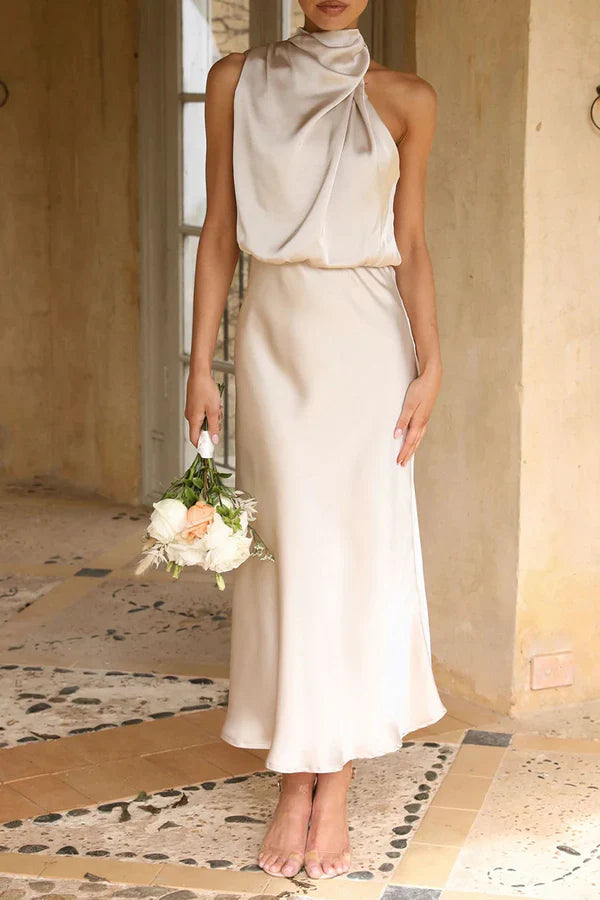 Elegant solid color pleated high necked one step dress evening dress Party Dress