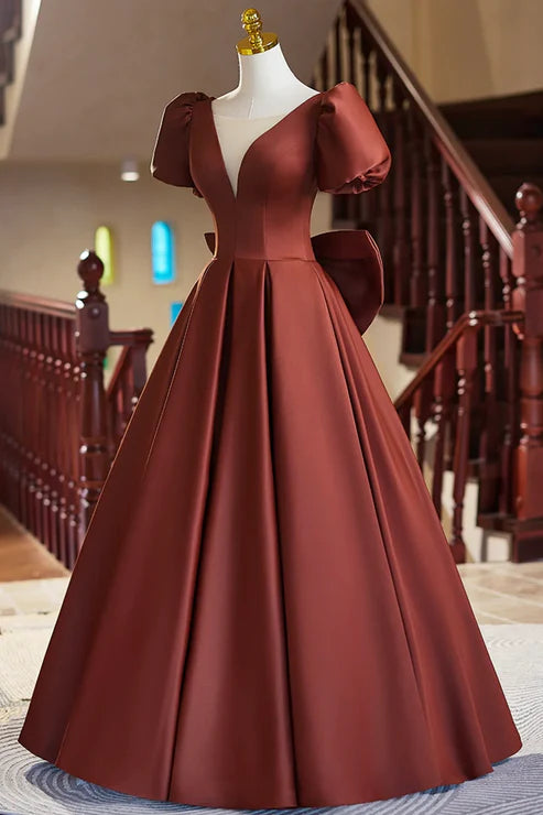 A-Line Elegant Short Sleeve Satin Floor Length Evening Dress V-neck Prom Dress With Bow